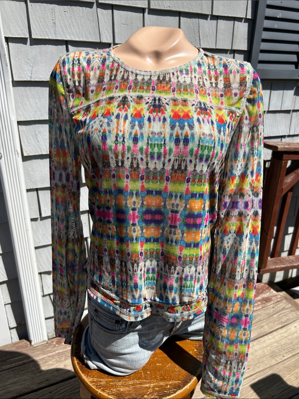 Natural Life Sloane Long-Sleeve Women's Top- Semi sheer mesh -Tie Dye L
